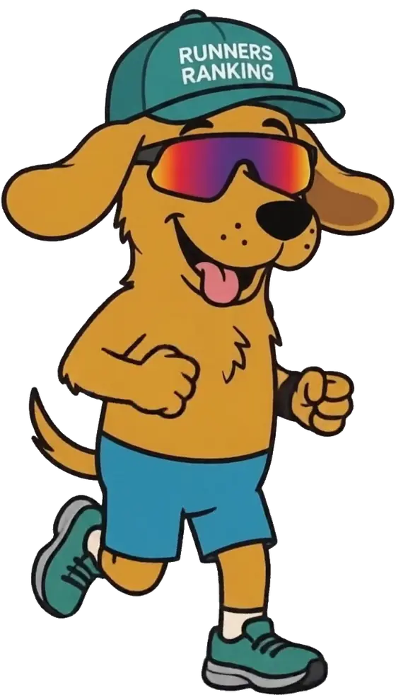Mascote do Runners Ranking: cachorro correndo de boné, óculos e relógio GPS